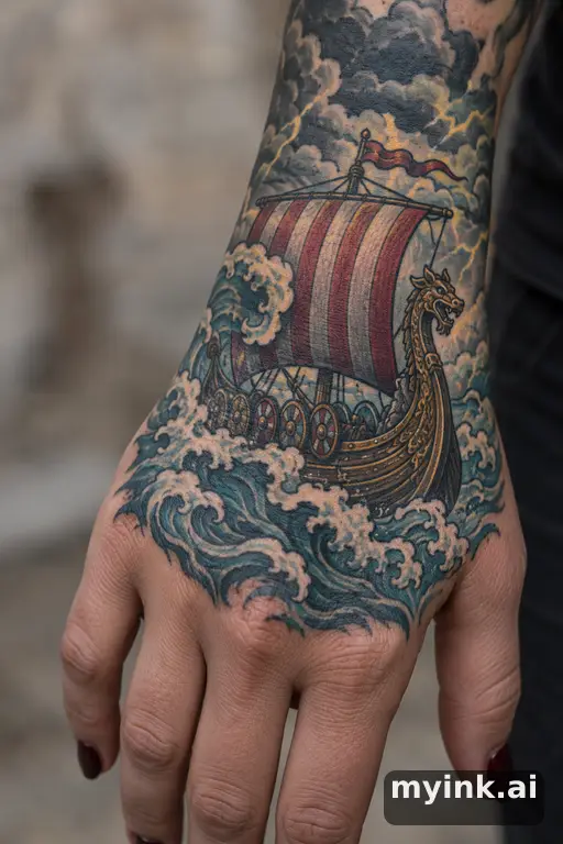 Viking longship on stormy seas — Neo-Traditional Hand Tattoo reference image