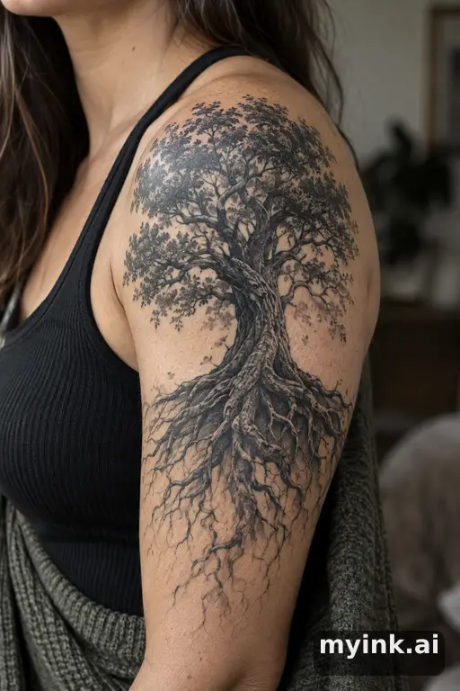 Tree with deep roots — Realistic Memorial Tattoo reference image