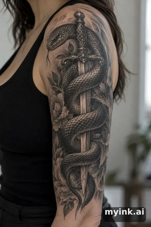Snake wrapped around a dagger — Realistic Half Sleeve Tattoo reference image