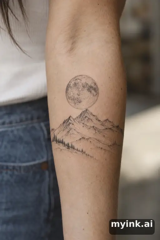 Full moon over mountains — Fine Line Moon Tattoo reference image