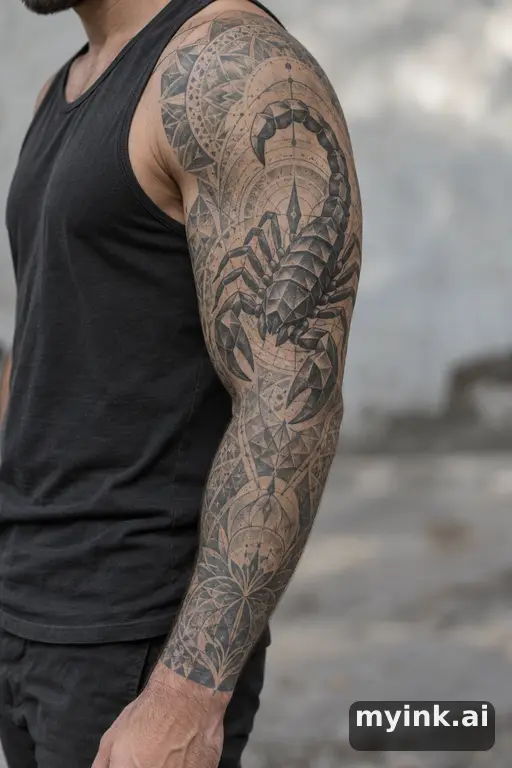 Scorpion with raised tail — Geometric Sleeve Tattoo reference image