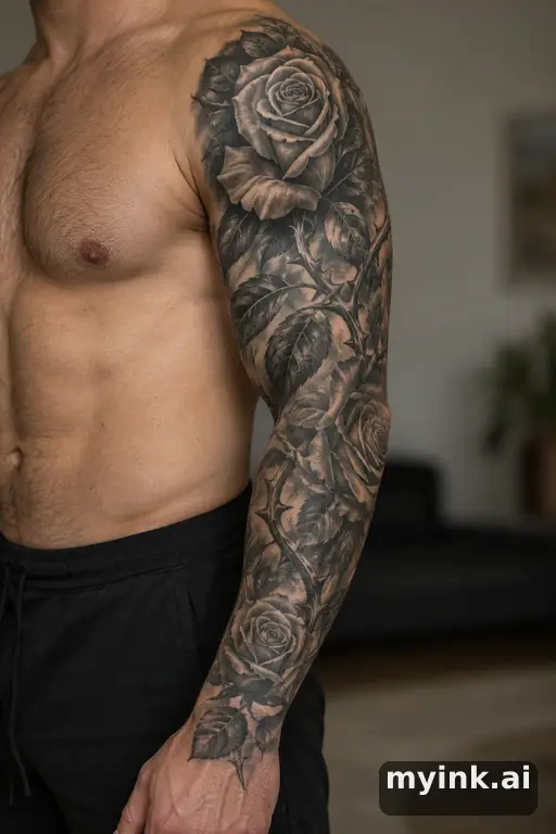 Rose with thorny stem — Realistic Sleeve Tattoo reference image