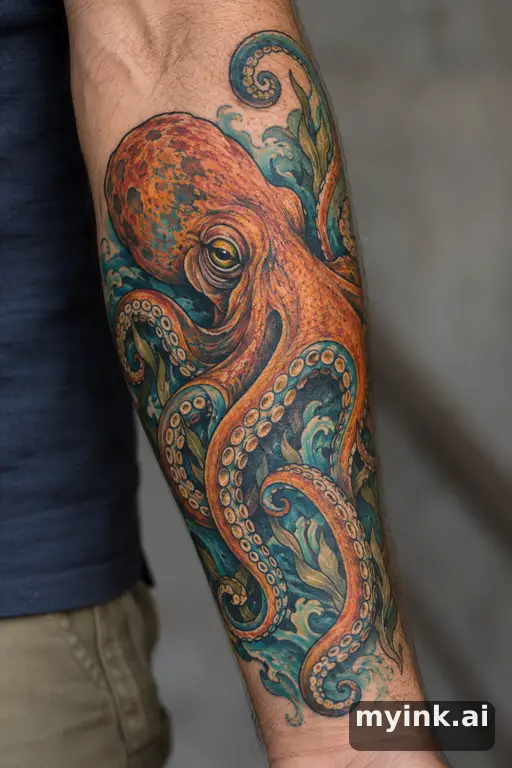 Octopus with curling tentacles — Neo-Traditional Forearm Tattoo reference image