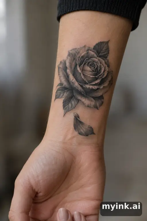 Rose with a single falling petal — Realistic Memorial Tattoo reference image