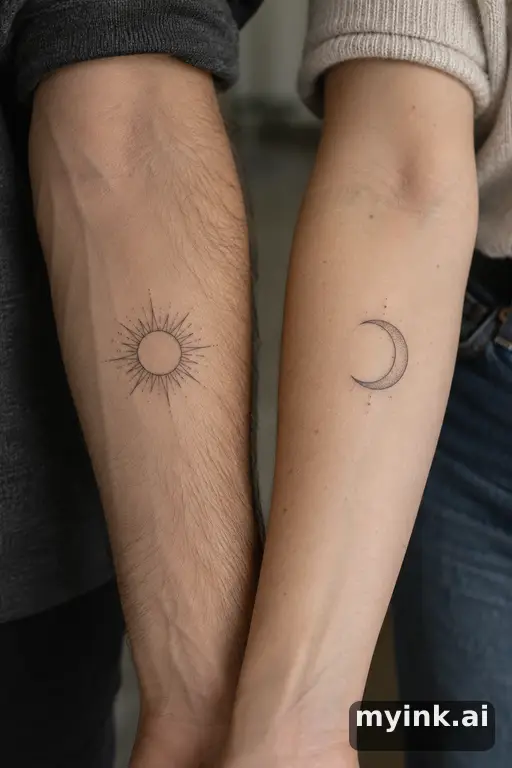 Matching sun and moon — Fine Line Matching Tattoo reference image