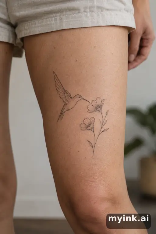 Hummingbird with flowers β Minimalist Thigh Tattoo reference image
