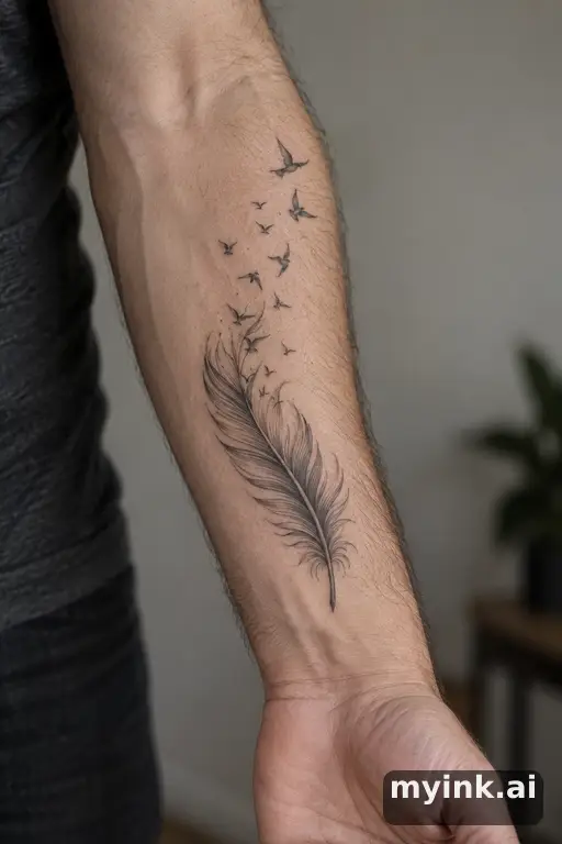 Feather releasing small birds — Fine Line Memorial Tattoo reference image