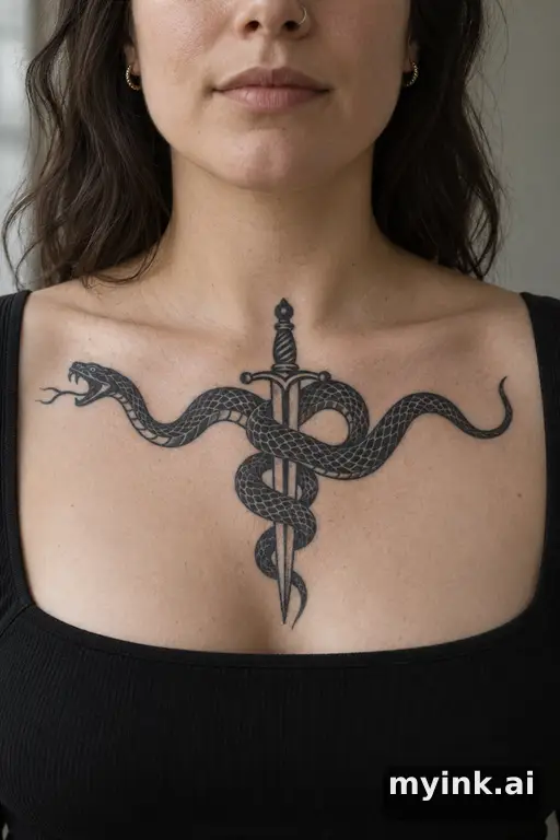 Snake wrapped around a dagger β Blackwork Chest Tattoo reference image
