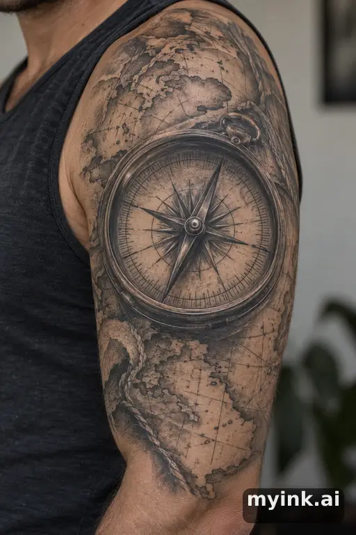 Vintage compass over a map β Realistic Compass Tattoo reference image