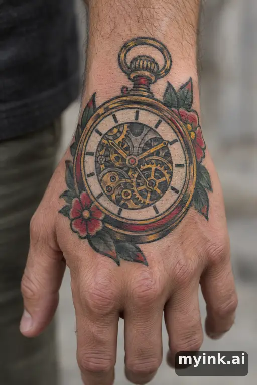 Pocket watch with exposed gears — Traditional Hand Tattoo reference image