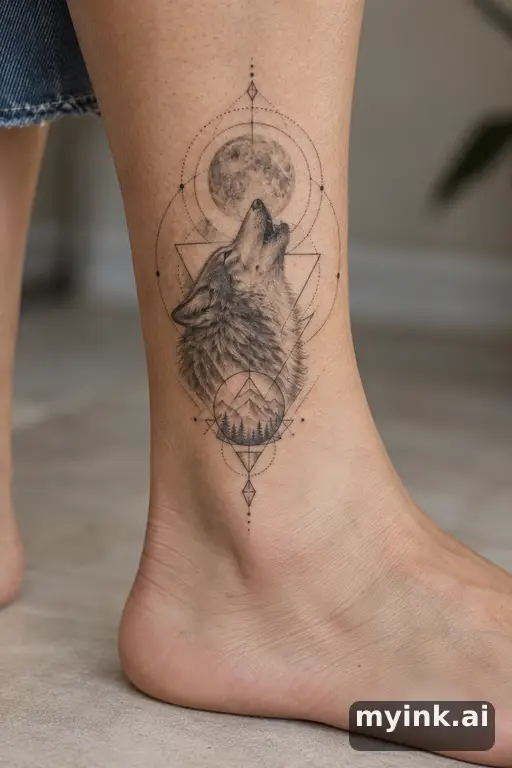 Wolf howling at the moon — Geometric Moon Tattoo reference image