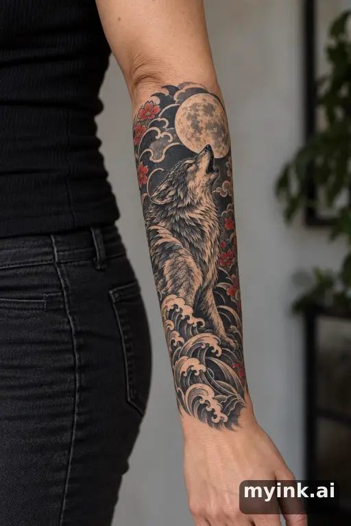 Wolf howling at the moon — Japanese Forearm Tattoo reference image