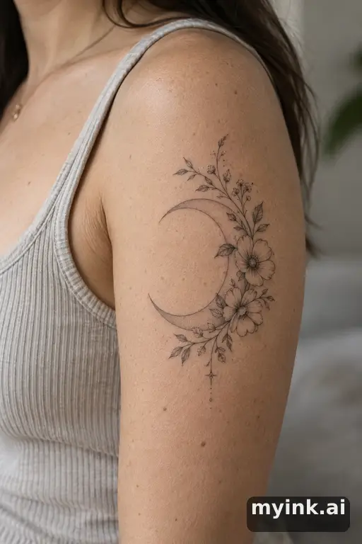 Crescent moon with flowers — Fine Line Moon Tattoo reference image
