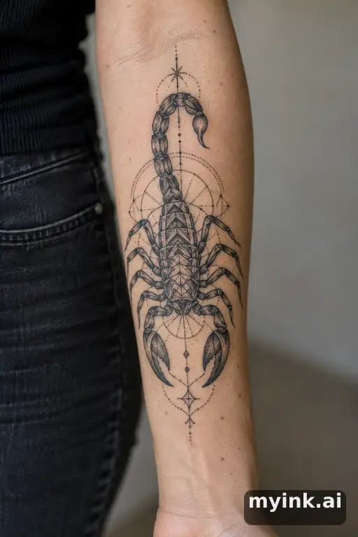 Scorpion with raised tail — Geometric Forearm Tattoo reference image