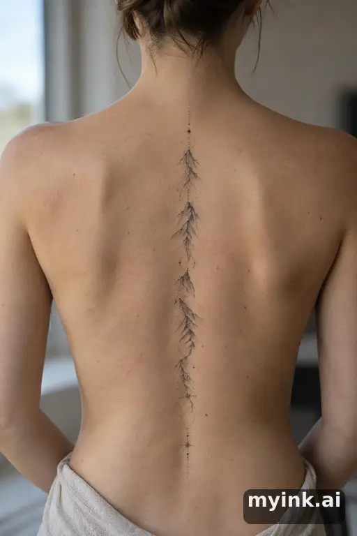 Tiny mountain outline — Dotwork Spine Tattoo reference image
