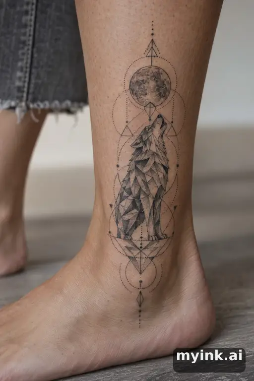 Wolf howling at the moon — Geometric Moon Tattoo reference image