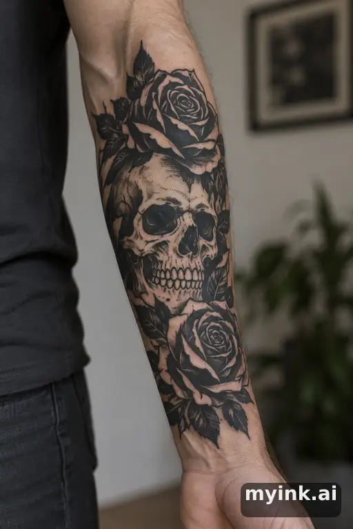 Skull with roses — Blackwork Forearm Tattoo reference image