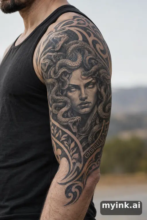 Medusa head with snake hair β Tribal Half Sleeve Tattoo reference image