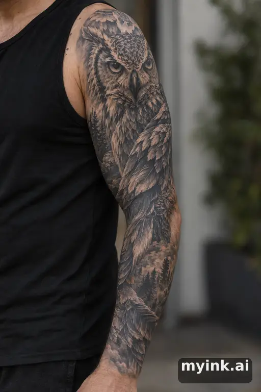 Owl — Realistic Sleeve Tattoo reference image