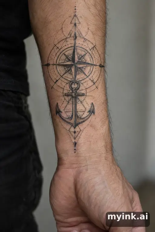 Compass with an anchor β Geometric Compass Tattoo reference image