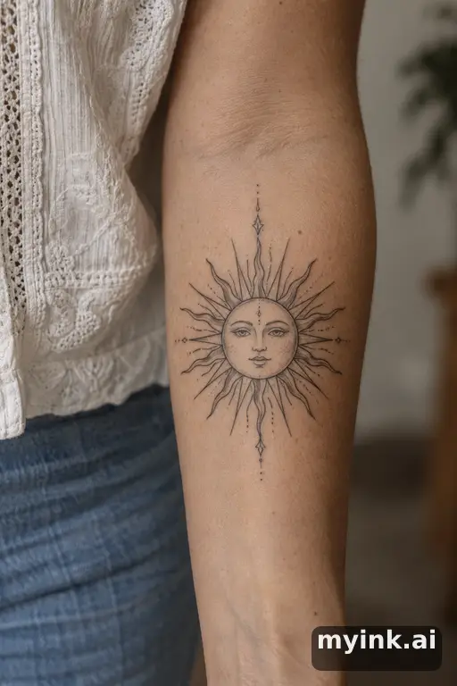 Sun with ornamental rays — Fine Line Tattoo for Women reference image