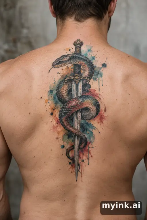 Snake wrapped around a dagger β Watercolor Back Tattoo reference image
