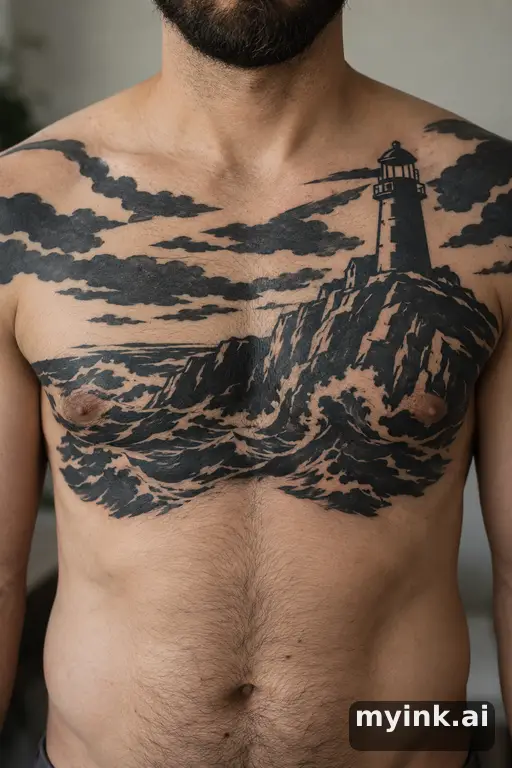 Lighthouse on a rocky cliff — Blackwork Chest Tattoo reference image