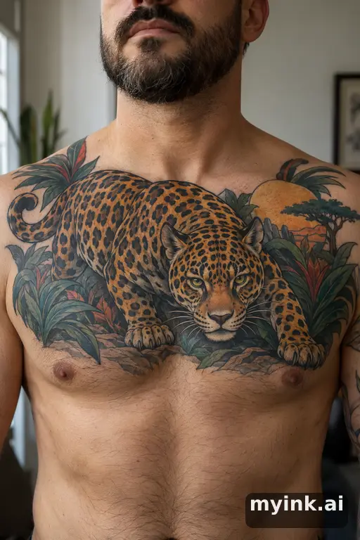 Jaguar stalking β Neo-Traditional Chest Tattoo reference image