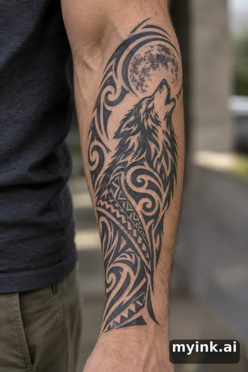 Wolf howling at the moon — Tribal Forearm Tattoo reference image