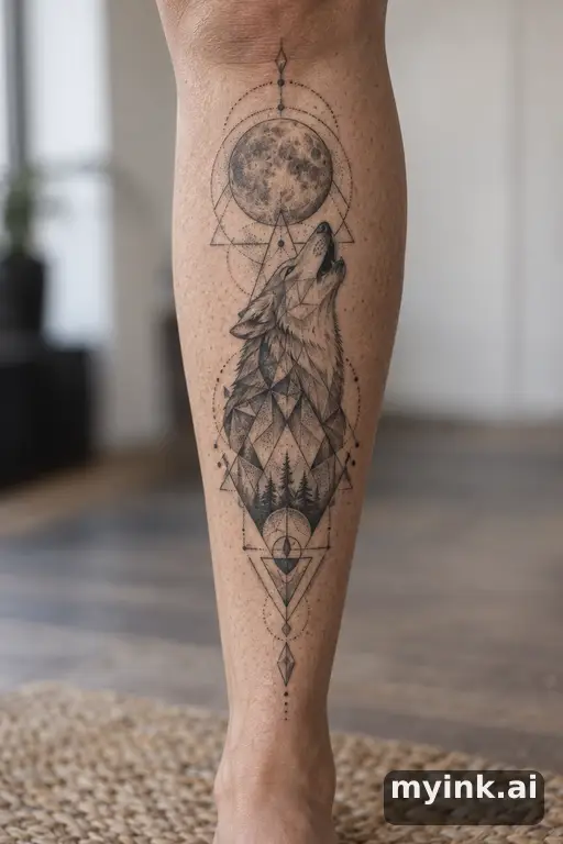 Wolf howling at the moon β Geometric Leg Tattoo reference image