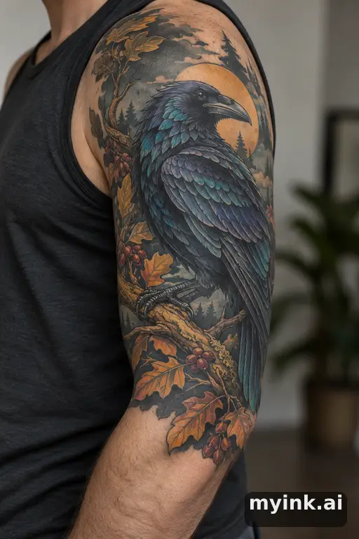 Raven perched on a branch β Neo-Traditional Half Sleeve Tattoo reference image