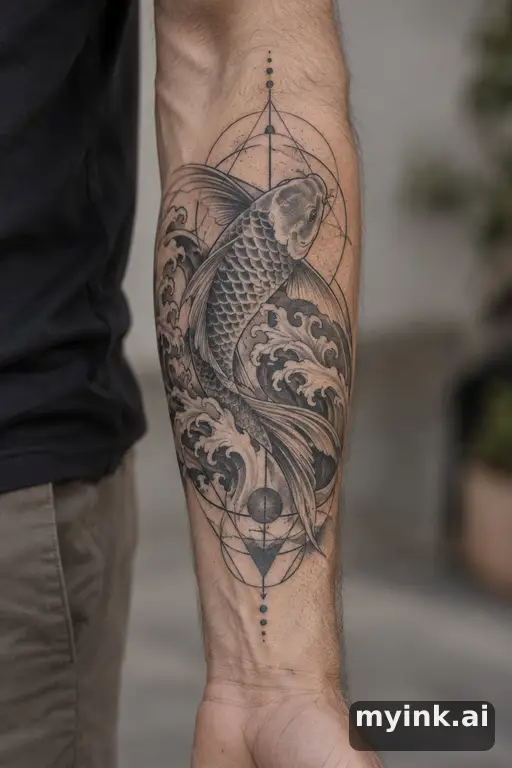 Koi fish in waves — Geometric Forearm Tattoo reference image