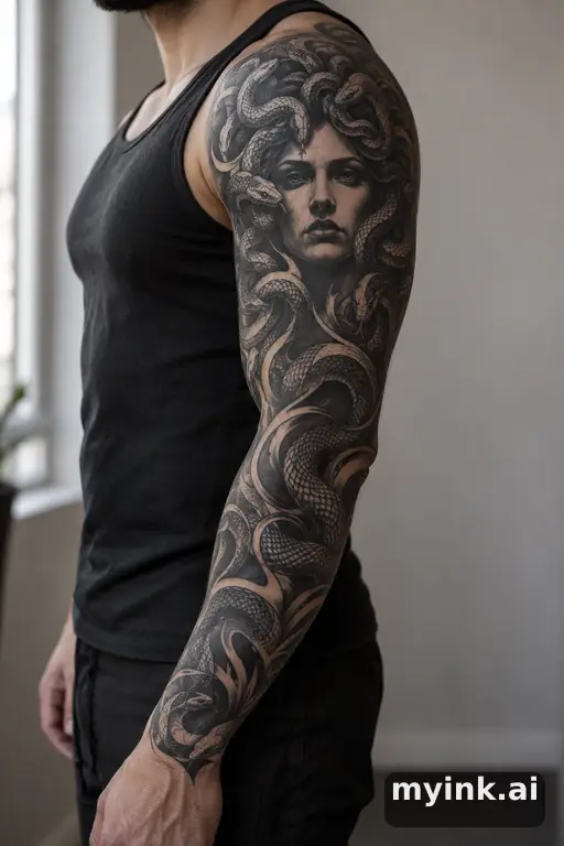 Medusa head with snake hair — Blackwork Sleeve Tattoo reference image