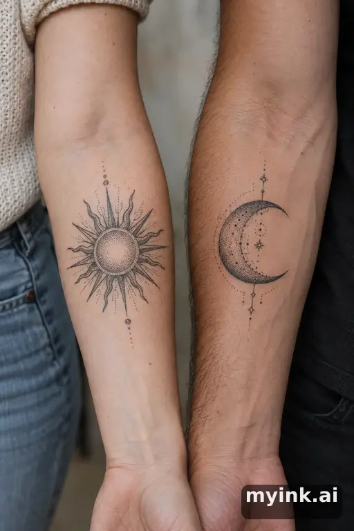 Matching sun and moon — Dotwork Matching Tattoo reference image
