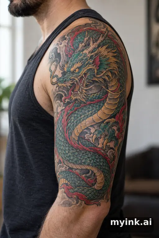 Coiled dragon β Neo-Traditional Half Sleeve Tattoo reference image