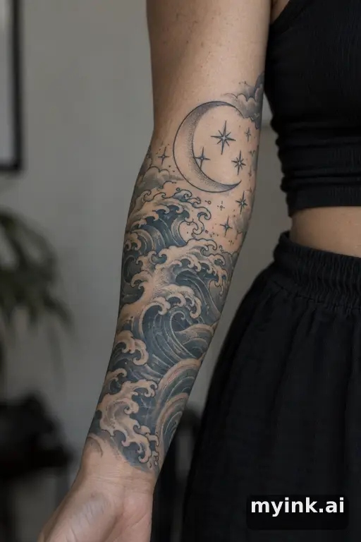 Crescent moon with stars — Japanese Forearm Tattoo reference image