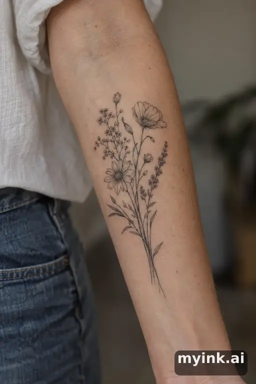 Botanical bouquet of wildflowers — Fine Line Tattoo reference image