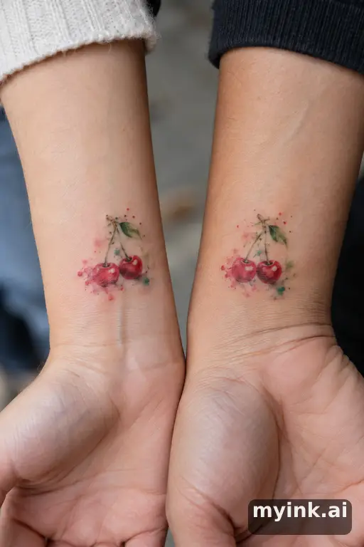 Matching cherries — Watercolor Best Friend Tattoo reference image
