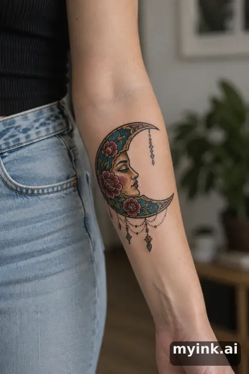 Crescent moon — Neo-Traditional Forearm Tattoo reference image