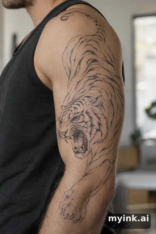 Roaring tiger β Minimalist Half Sleeve Tattoo reference image