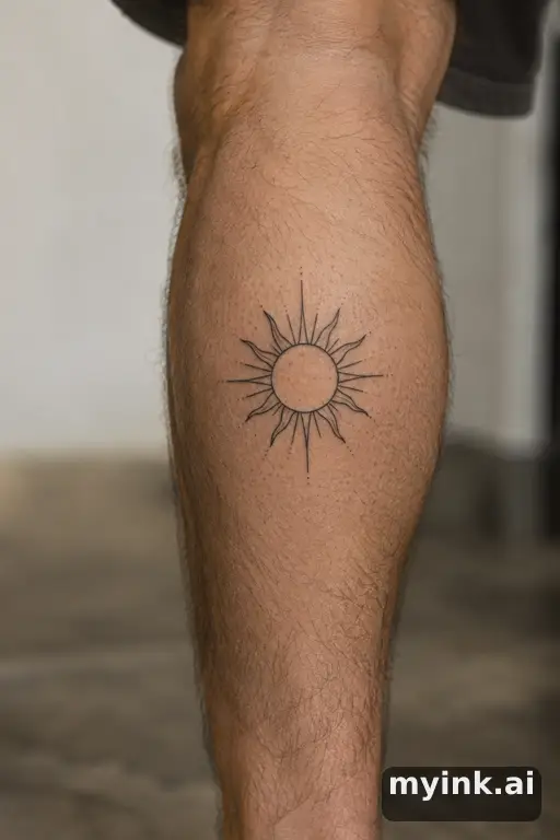 Sun with ornamental rays β Minimalist Leg Tattoo reference image