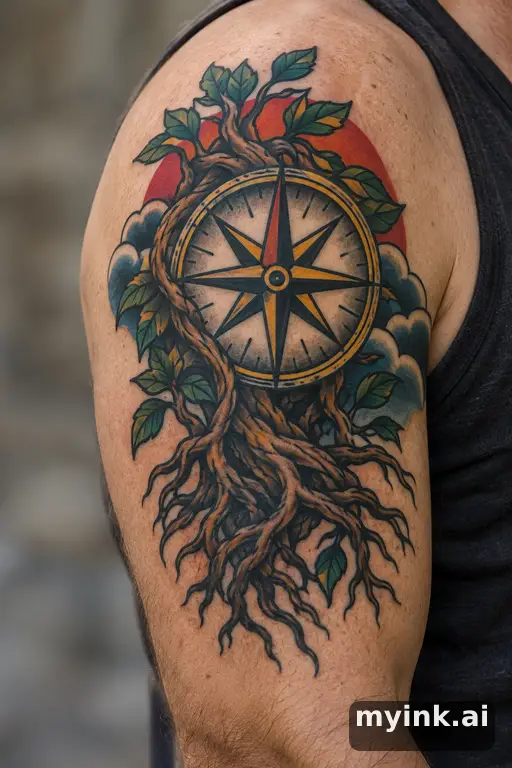 Compass with intertwined roots — Traditional Family Tattoo reference image