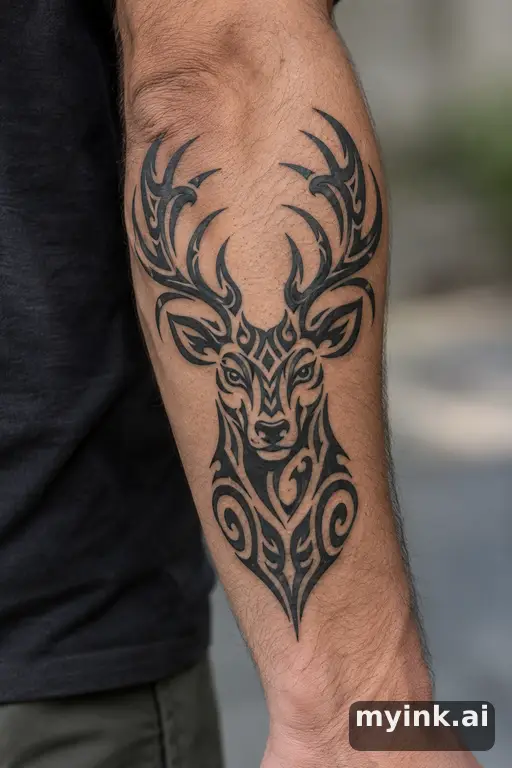 Stag head with large antlers — Tribal Forearm Tattoo reference image