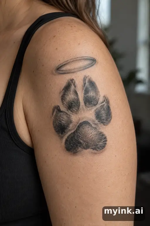 Paw print with a halo — Realistic Memorial Tattoo reference image