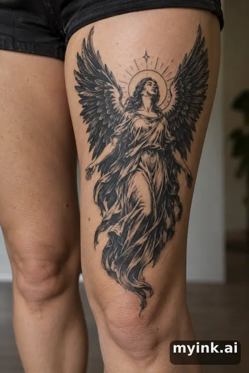 Angel with wings β Blackwork Thigh Tattoo reference image