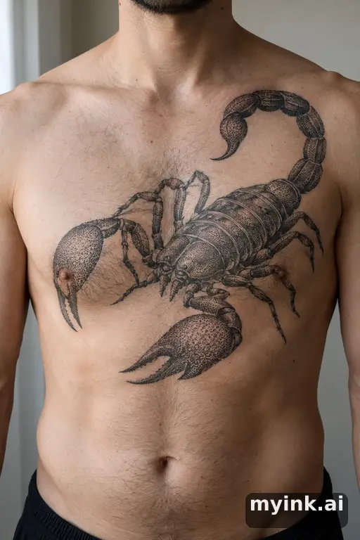 Scorpion with raised tail β Dotwork Chest Tattoo reference image