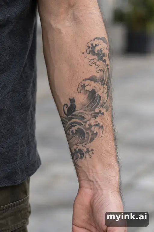 Tiny cat silhouette — Japanese Forearm Tattoo reference image
