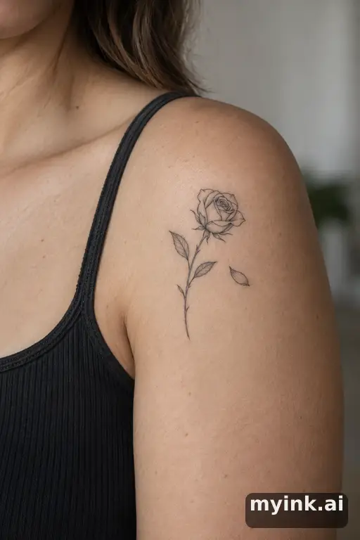 Rose with a single falling petal — Minimalist Memorial Tattoo reference image