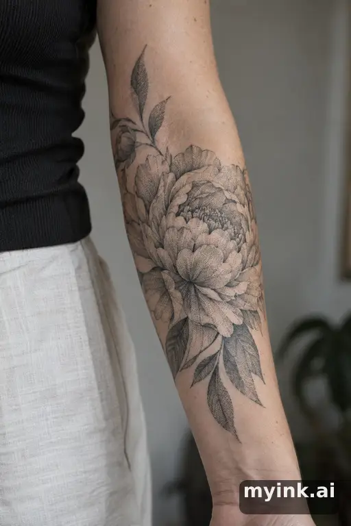 Blooming peony — Dotwork Forearm Tattoo reference image