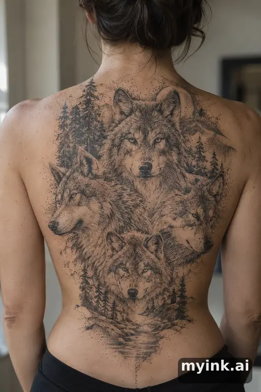 Wolf pack — Dotwork Family Tattoo reference image